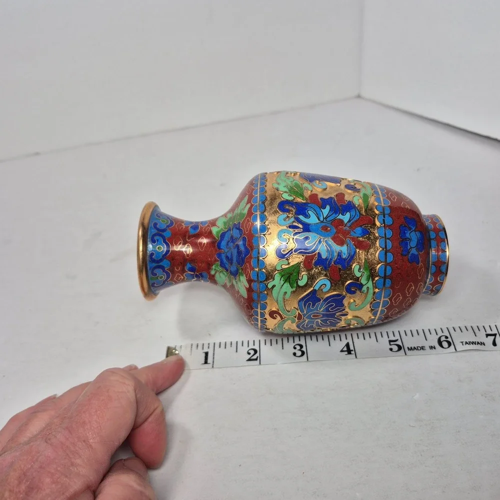 Vintage Chinese Jingfa Cloisonné Bud Vase Blue Aqua Rust Green Deep Cut 5.5